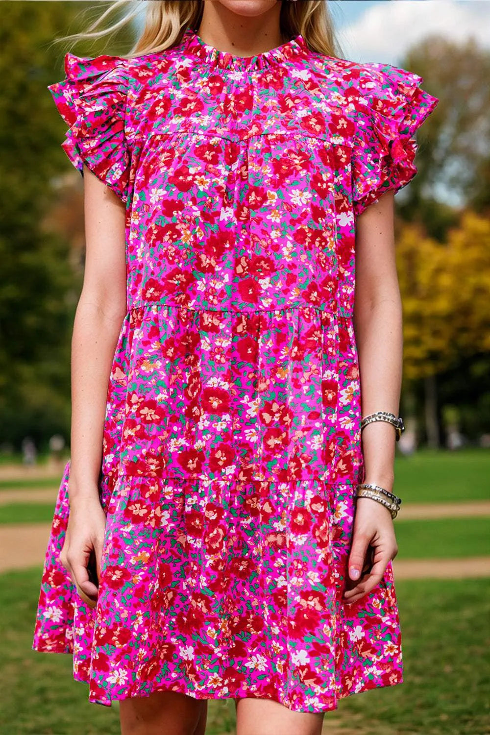 Ruffled Printed Cap Sleeve Mini Dress Casual Dresses - Tophatter Daily Deals